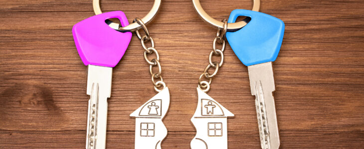 Blue and pink colored keys with split house matching keychains