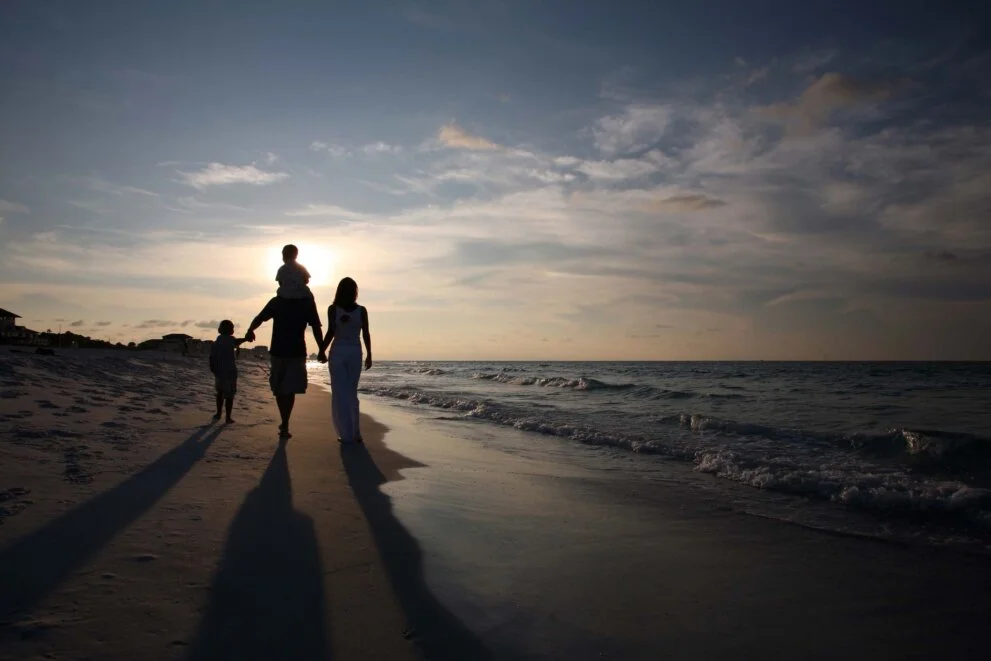 Family walking on the beach into the sunset
